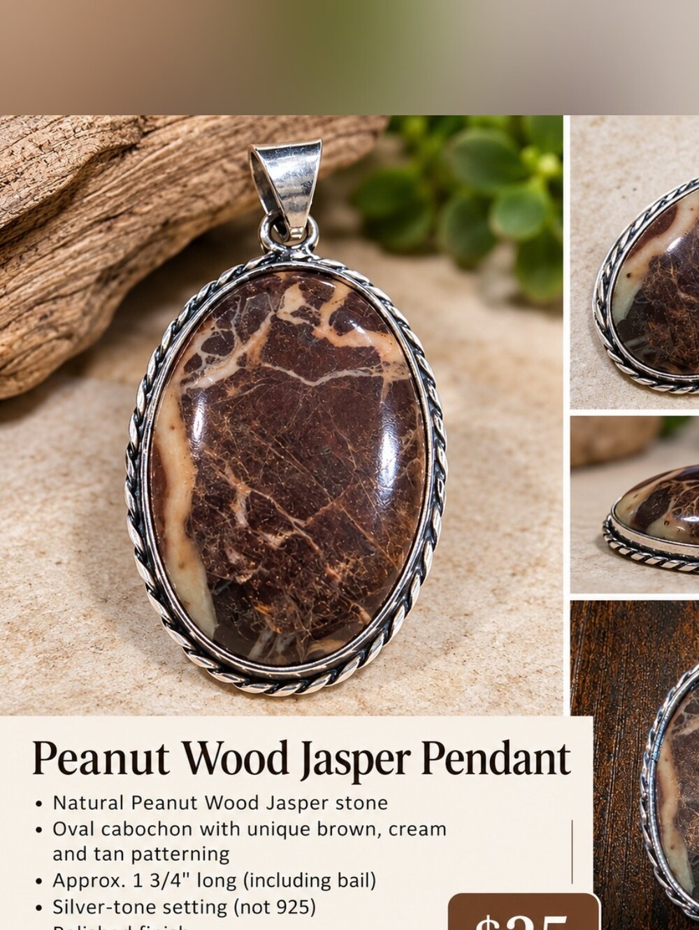 Peanut Wood Jasper Oval Pendant - Real Stone / Tested
